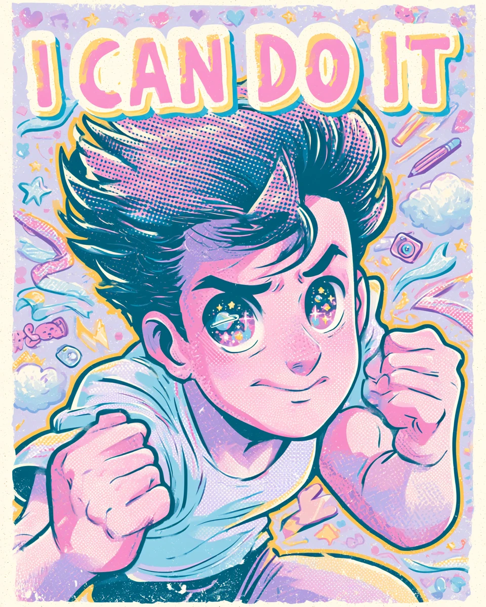 Homem retrô de pop art japonesa com olhar cósmico e determinado