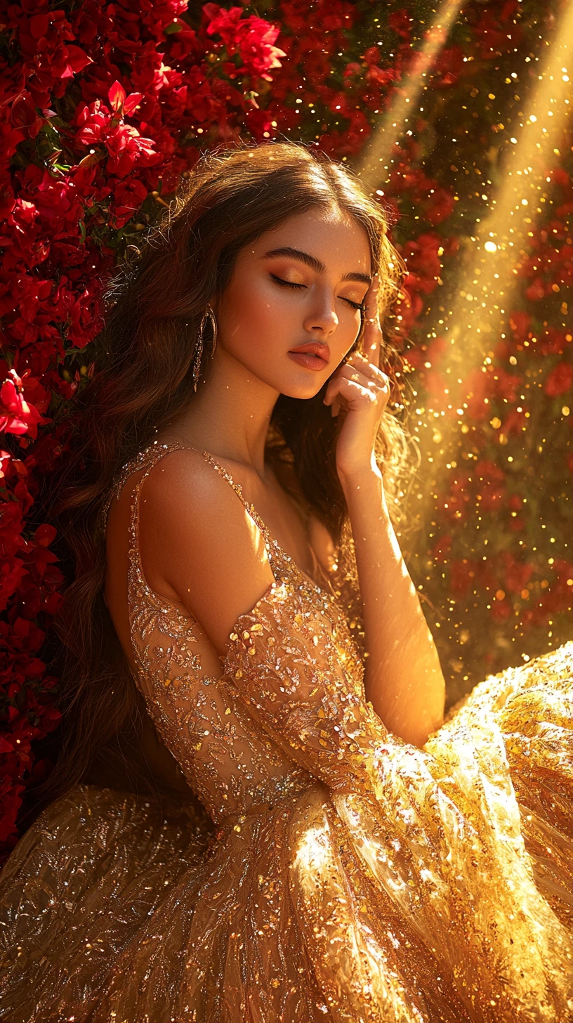 Arabian fashion woman in gold dress before red floral wall
