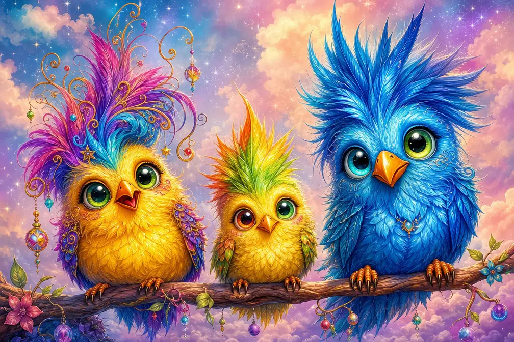 Trio fantaisiste d’oiseaux duveteux fantastiques sur une branche