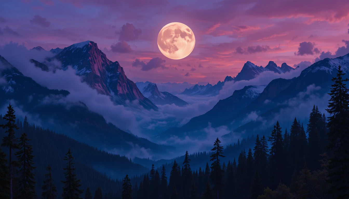 Paisagem montanhosa onírica sob uma lua cheia colossal