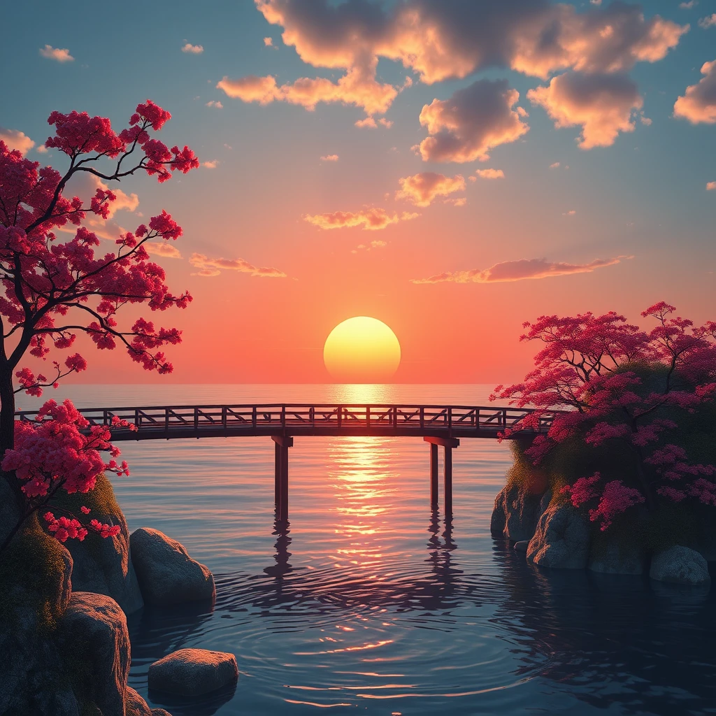 Paisagem marítima fotorealista à beira-rio ao nascer do sol com ponte de madeira