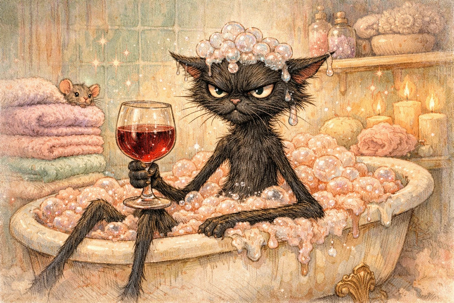Gato preto esguio em uma banheira vitoriana cheia de espuma