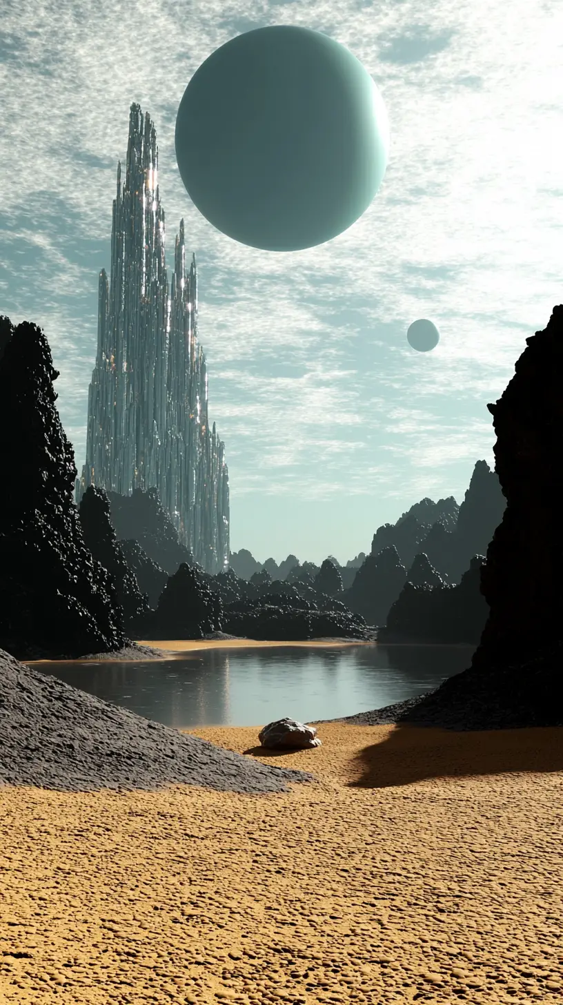 Surreal Alien Desert With Towering Crystal Monolith
