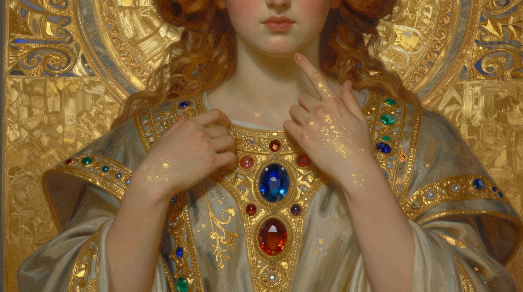 Figura maestosa che si fonde con un sontuoso arazzo dorato – ritratto