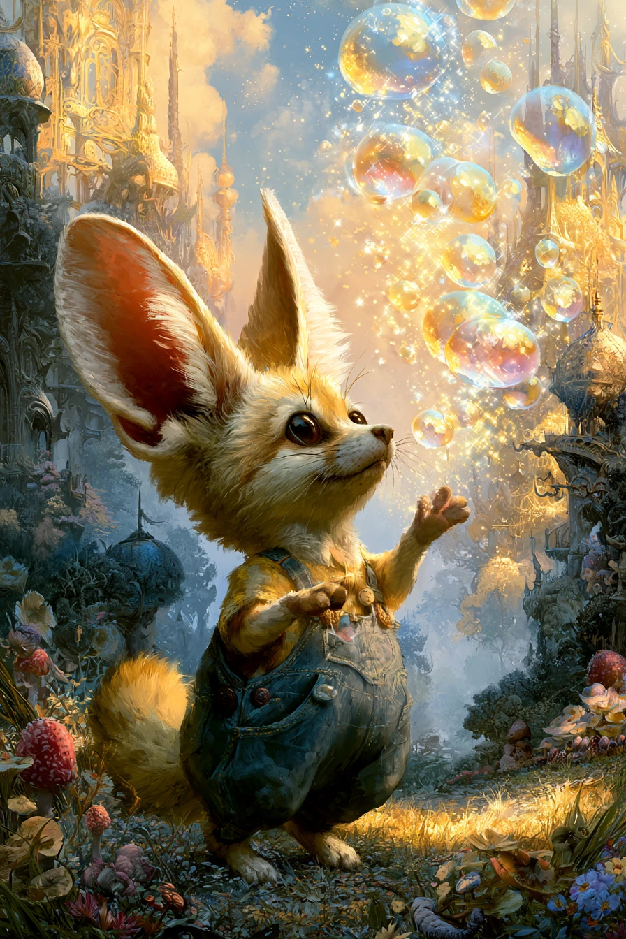 Fennec fiabesco che fa giochi di abilità con bolle in un paesaggio fantastico