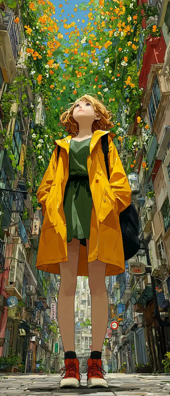 Anime girl in yellow raincoat under vertical magic garden