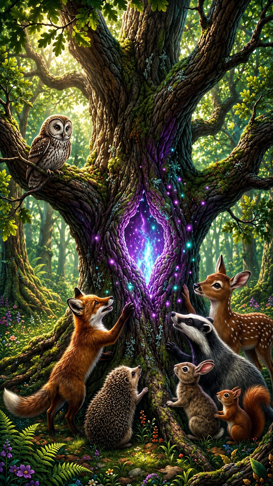 Wild animals around a glowing oak in forest sunlight