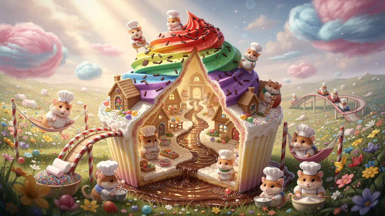 Immense village de hamsters sur cupcake dans une prairie ensoleillée de bonbons