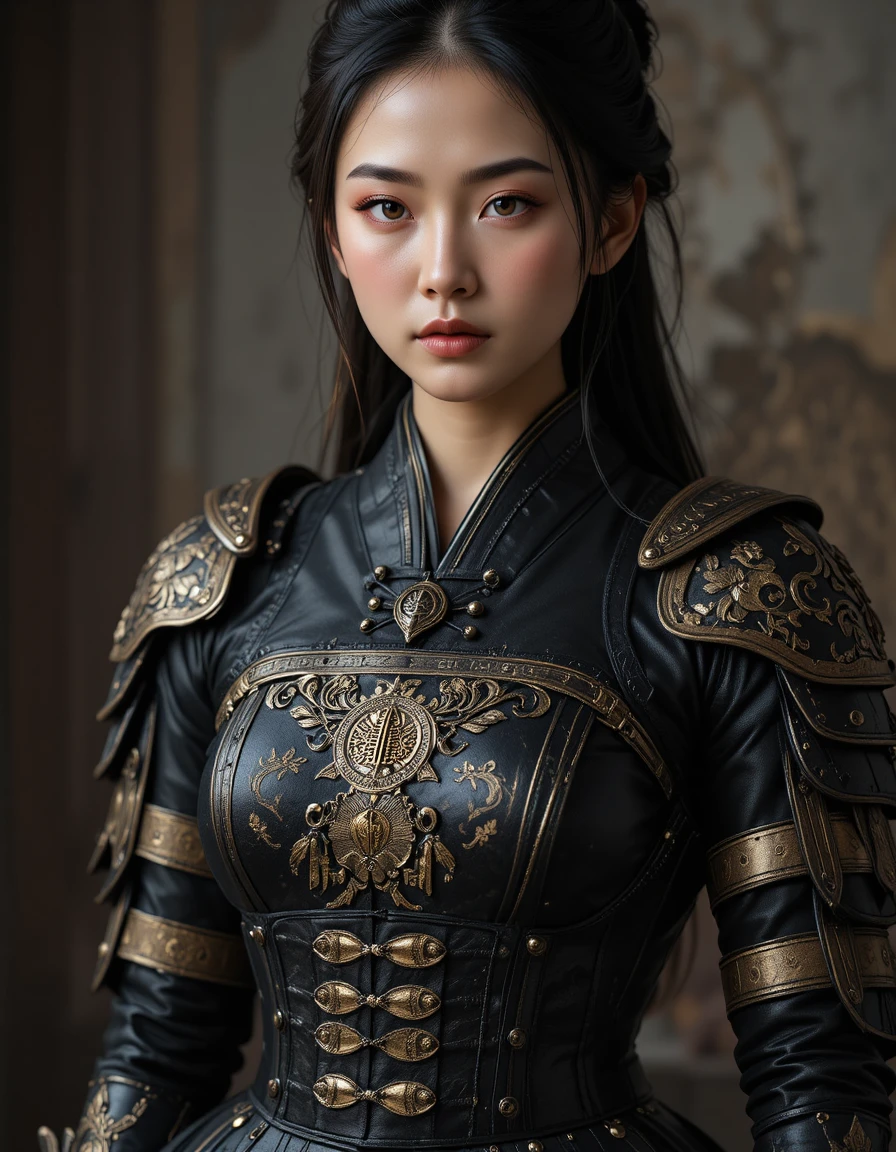 Guerrera japonesa con ornamentada armadura negra y dorada