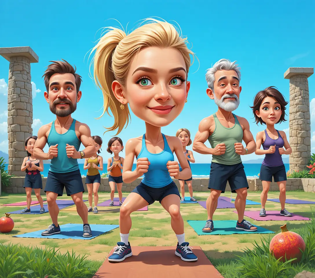 Outdoor cartoon fitness class by the ocean in summer