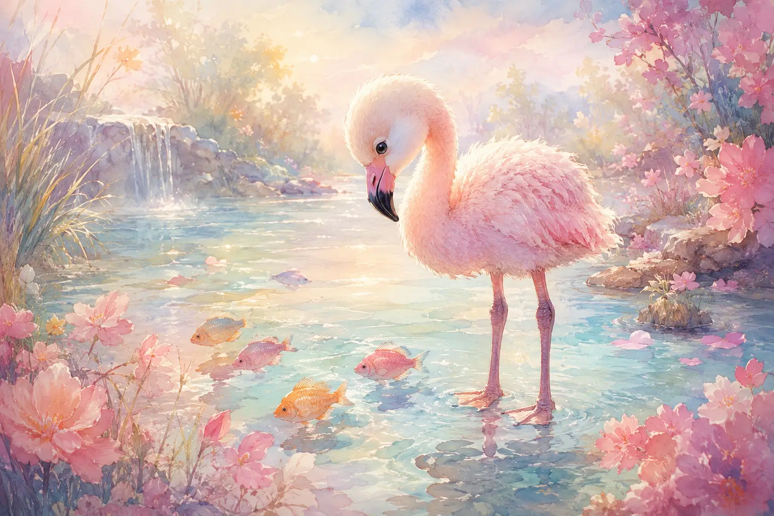 Süßes Baby-Flamingo in pastellfarbenem Aquarell-Lagunenmotiv