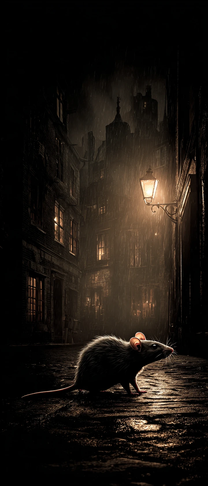 Rat solitaire sous un réverbère à gaz dans une ruelle sombre