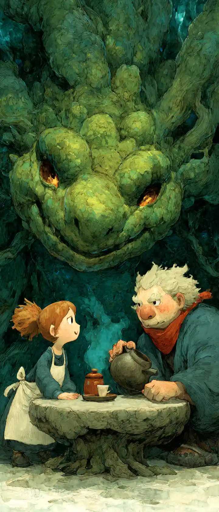 Fille partageant un thé avec un minuscule dragon à l’intérieur d’un arbre