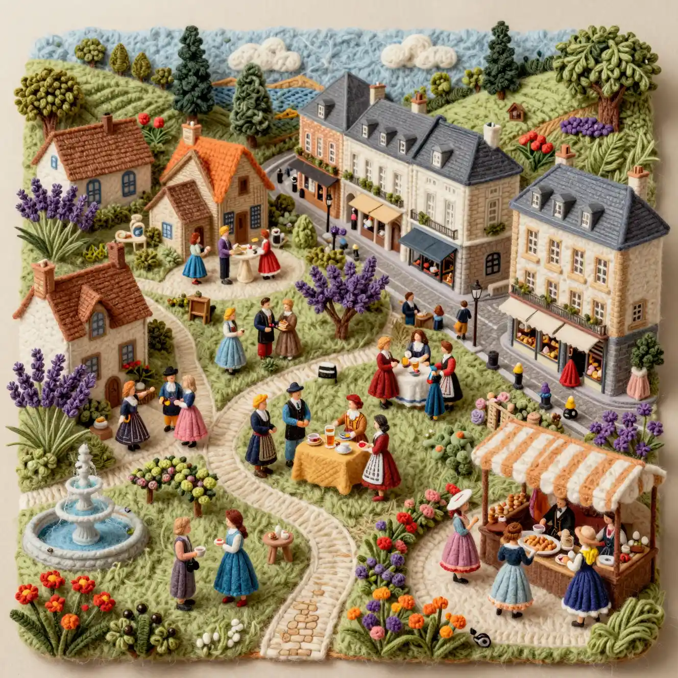 Woolen miniature European villages in handcrafted fiber art