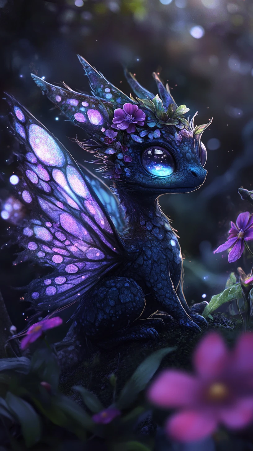 Pequeno dragão com asas de mariposa em floresta noturna luminosa