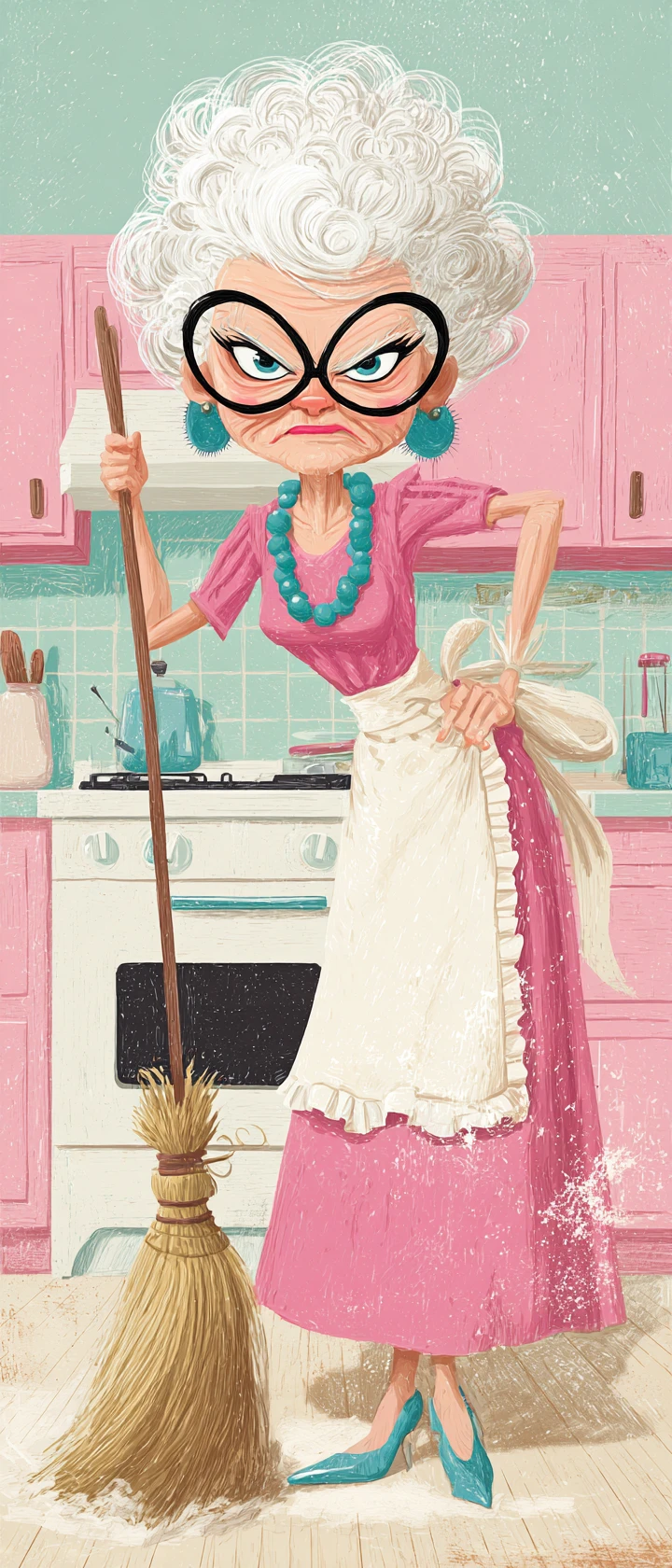 Nonna sicura di sé che spazza con stile in una cucina rosa brillante