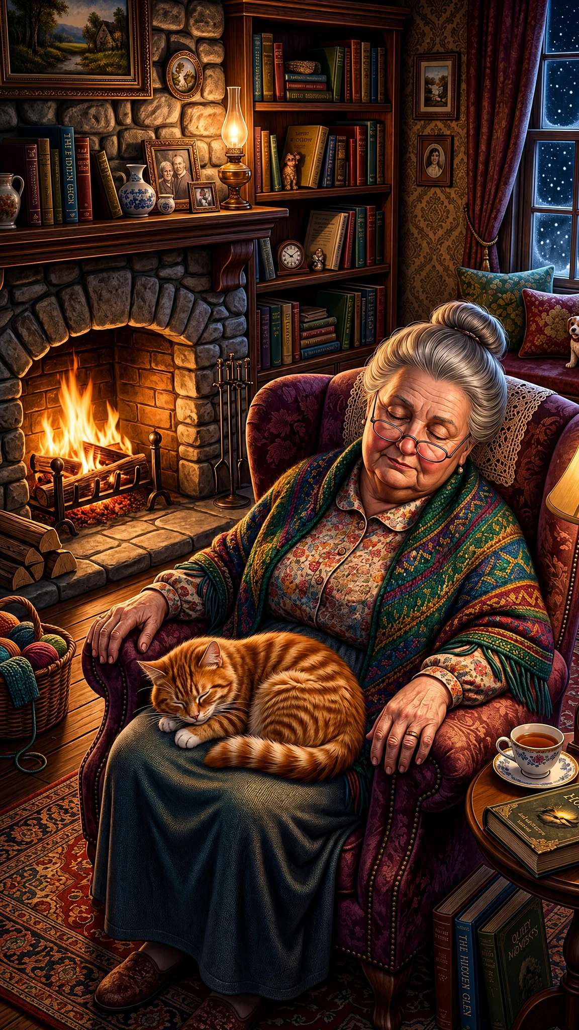 Abuela durmiendo con un gato en un cómodo sillón junto a la chimenea