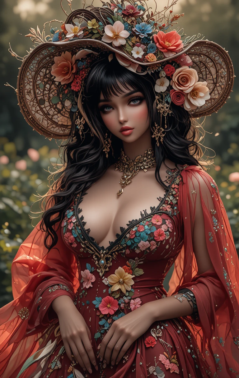 Donna glamour con cappello floreale e abito rosso trasparente