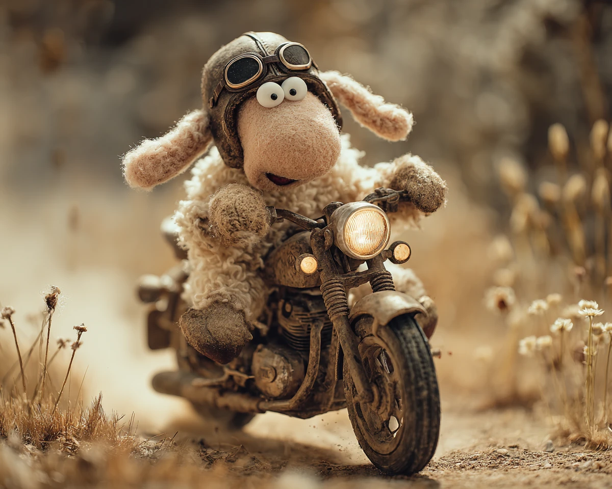 Flauschiges Schaf rast mit einem alten Motorrad durch einen chaotischen Bauernhof