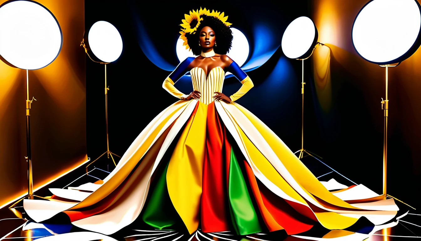 Donna curvy in abito couture ai girasoli in sala da ballo