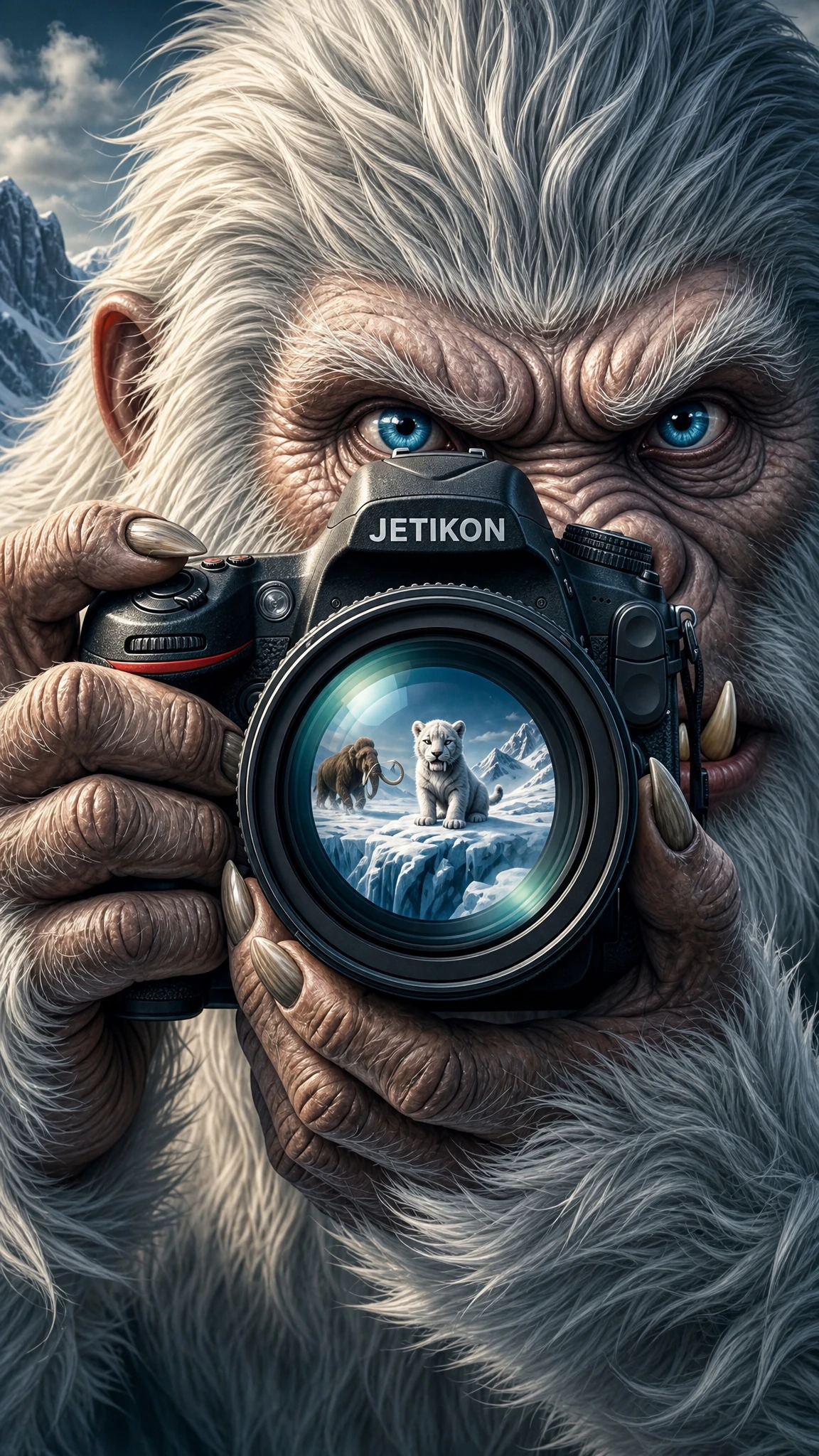 Close-up de um yeti fotografando uma paisagem de campo de neve