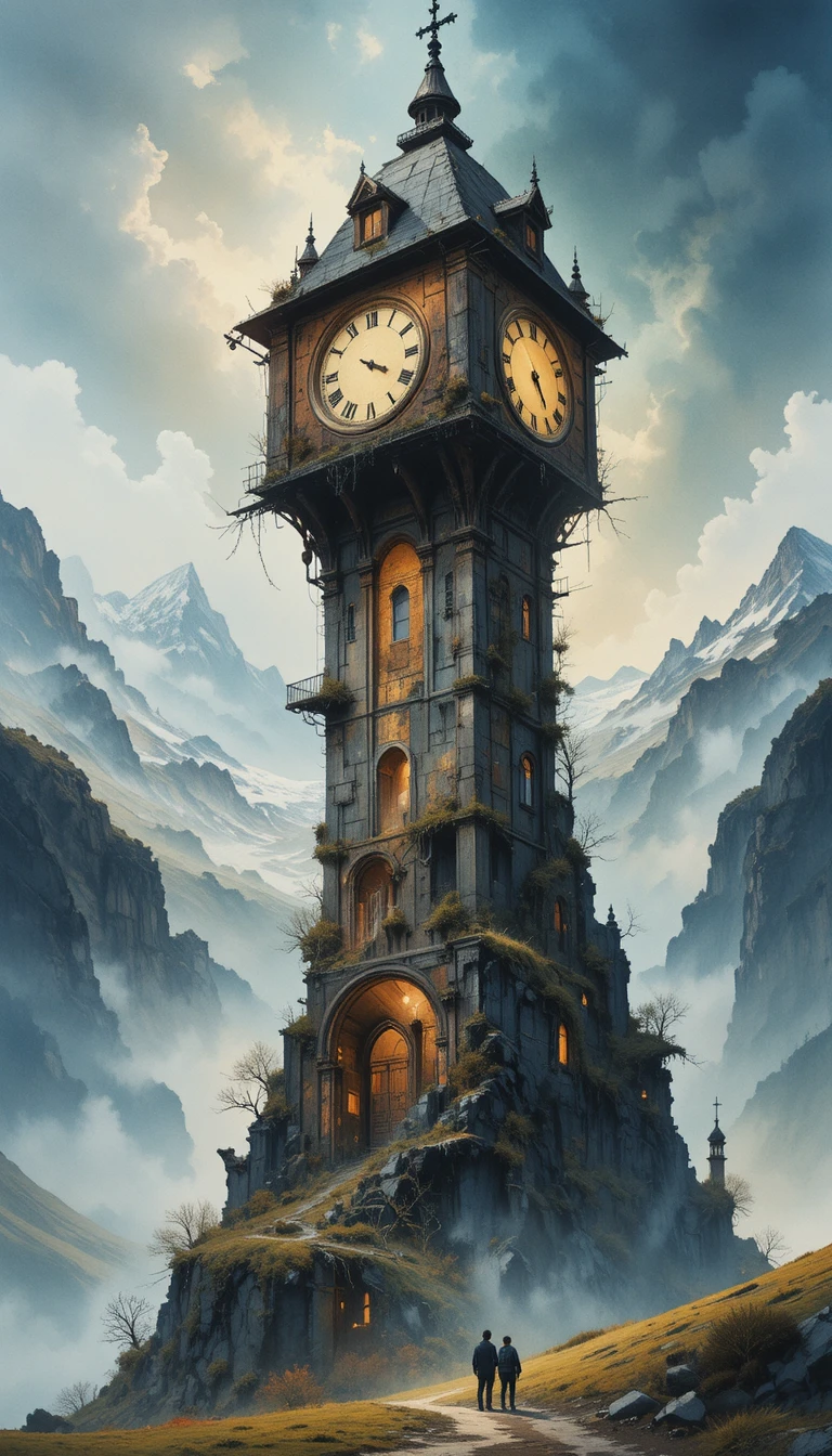 Paisagem impressionista onírica com uma torre em ruínas