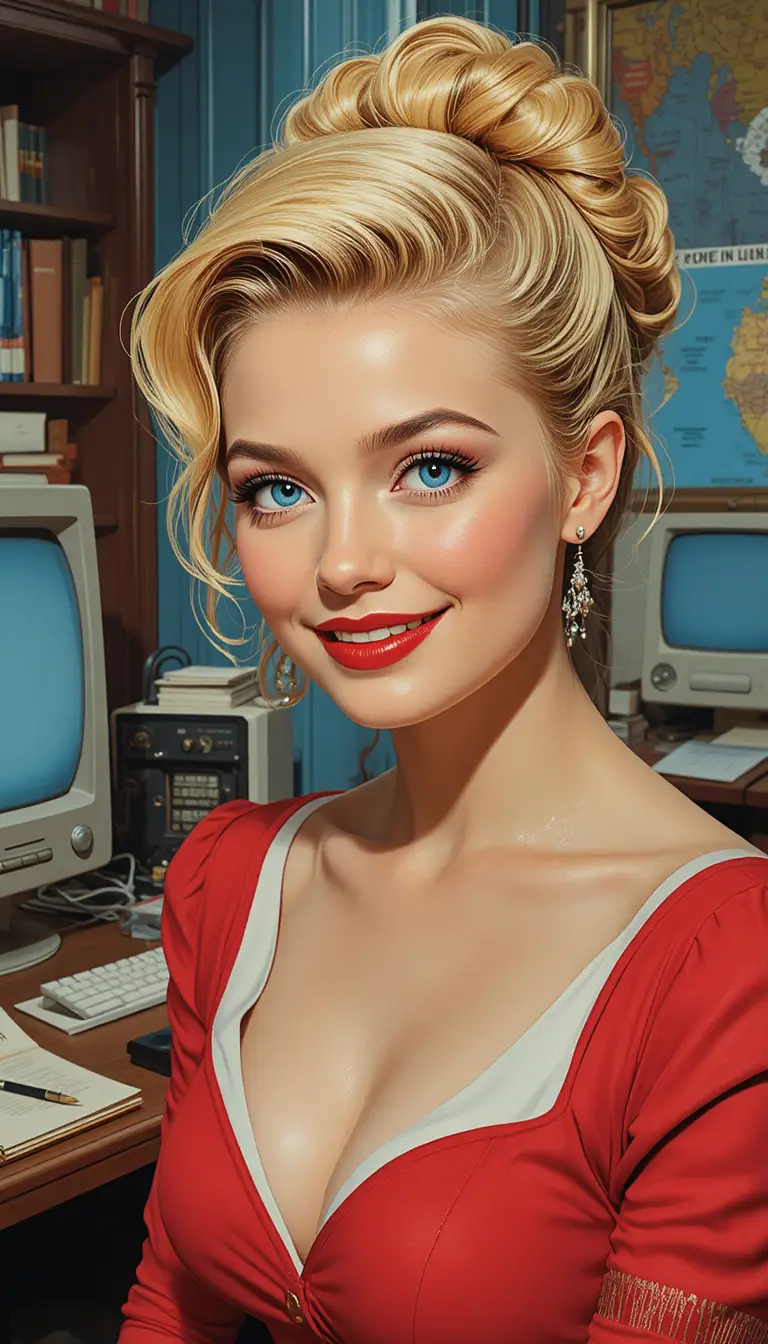 Lächelnde blonde Frau im roten Kleid im Retro-Büro