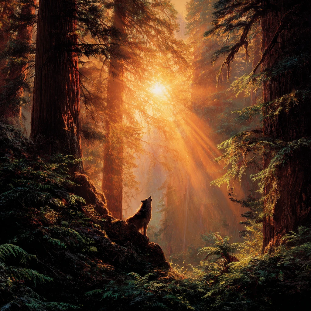 Lobo solitário uivando em uma antiga floresta de sequoias banhada pelo sol