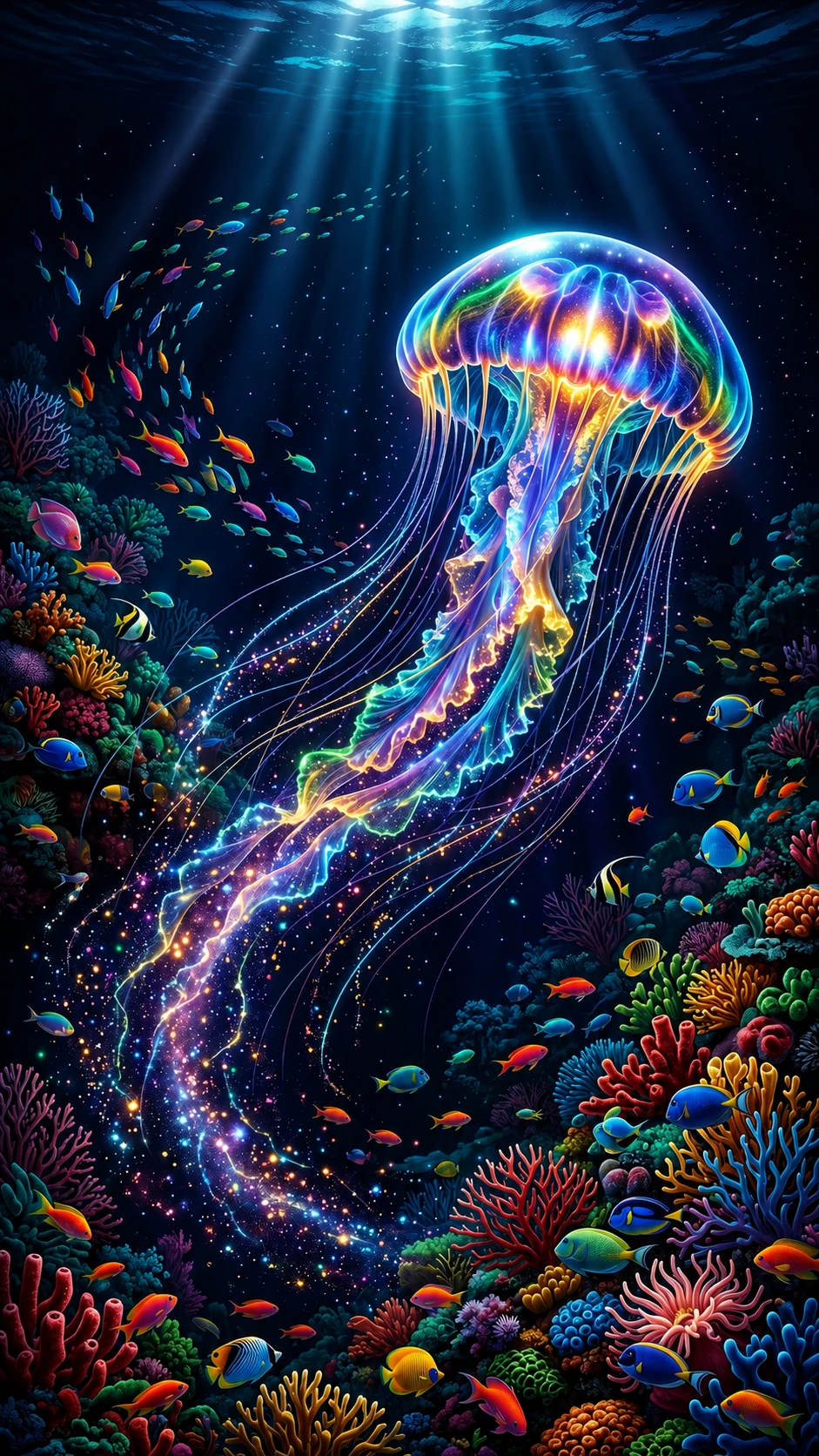 Gigantesca medusa bioluminescente in una scena oceanica mistica