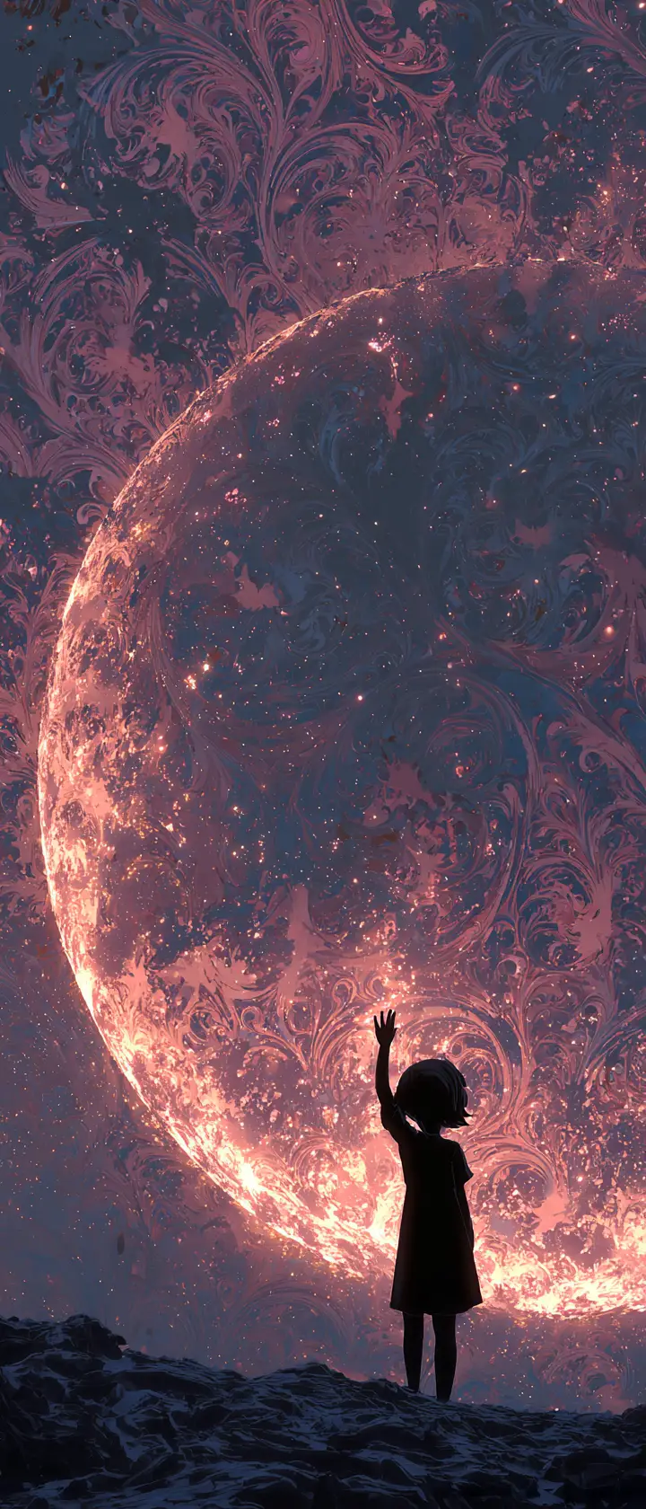 Ragazza anime che tende la mano verso una falce cosmica a infrarossi luminosa