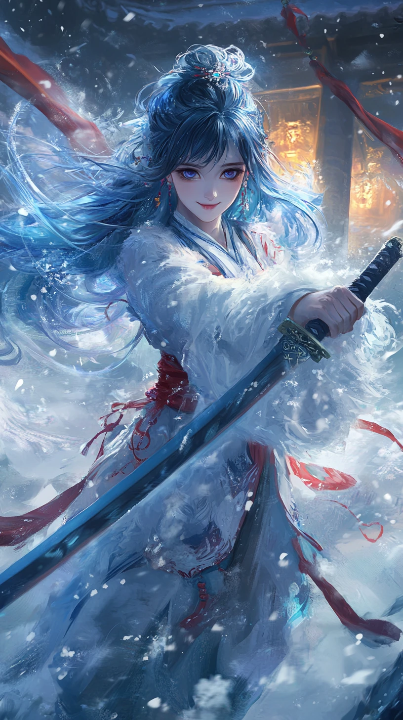 Fille d’anime aux cheveux bleus avec épée de glace dans un temple