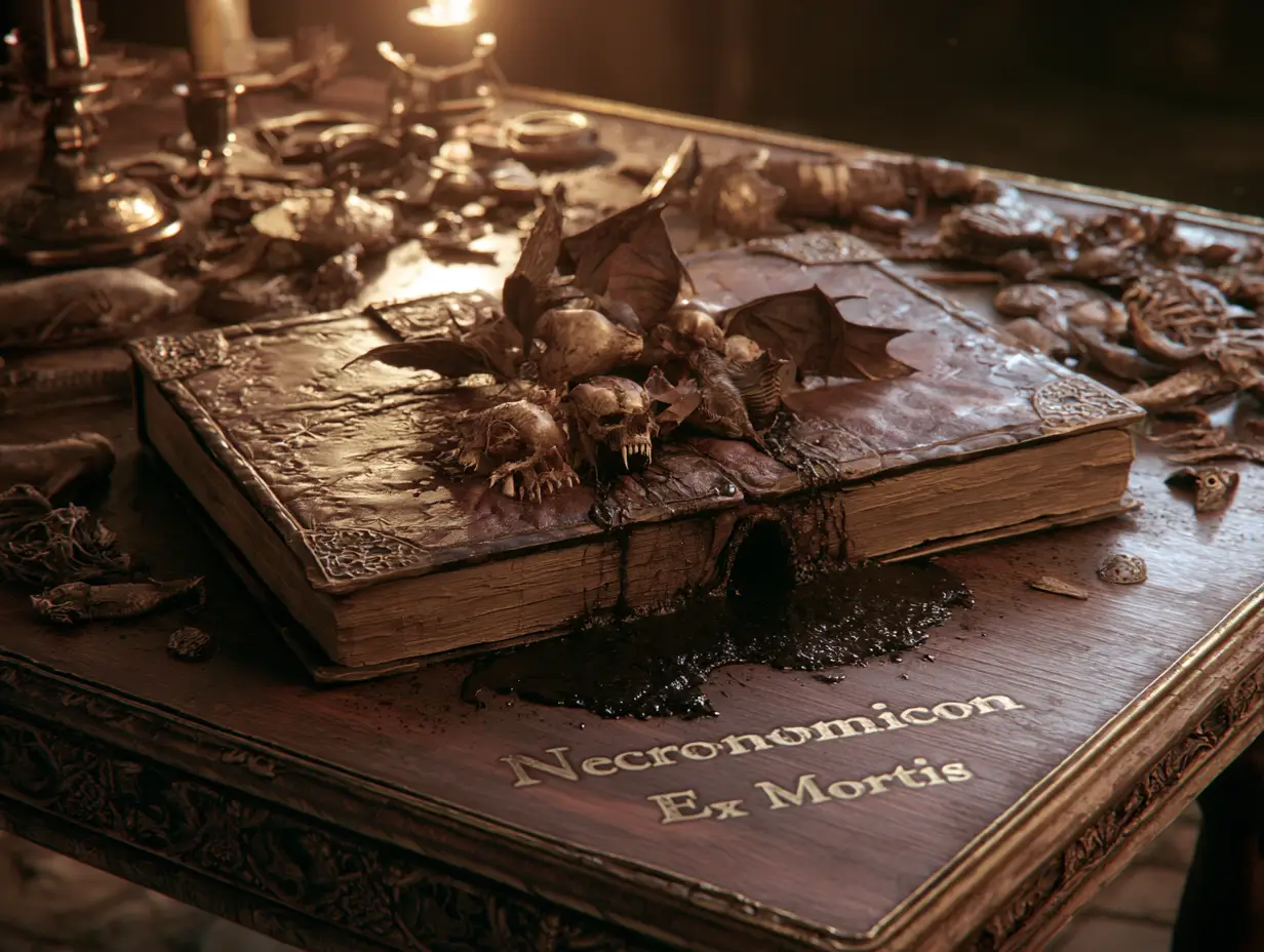 Livre de démons 3D effrayant sur une table en bois ancienne