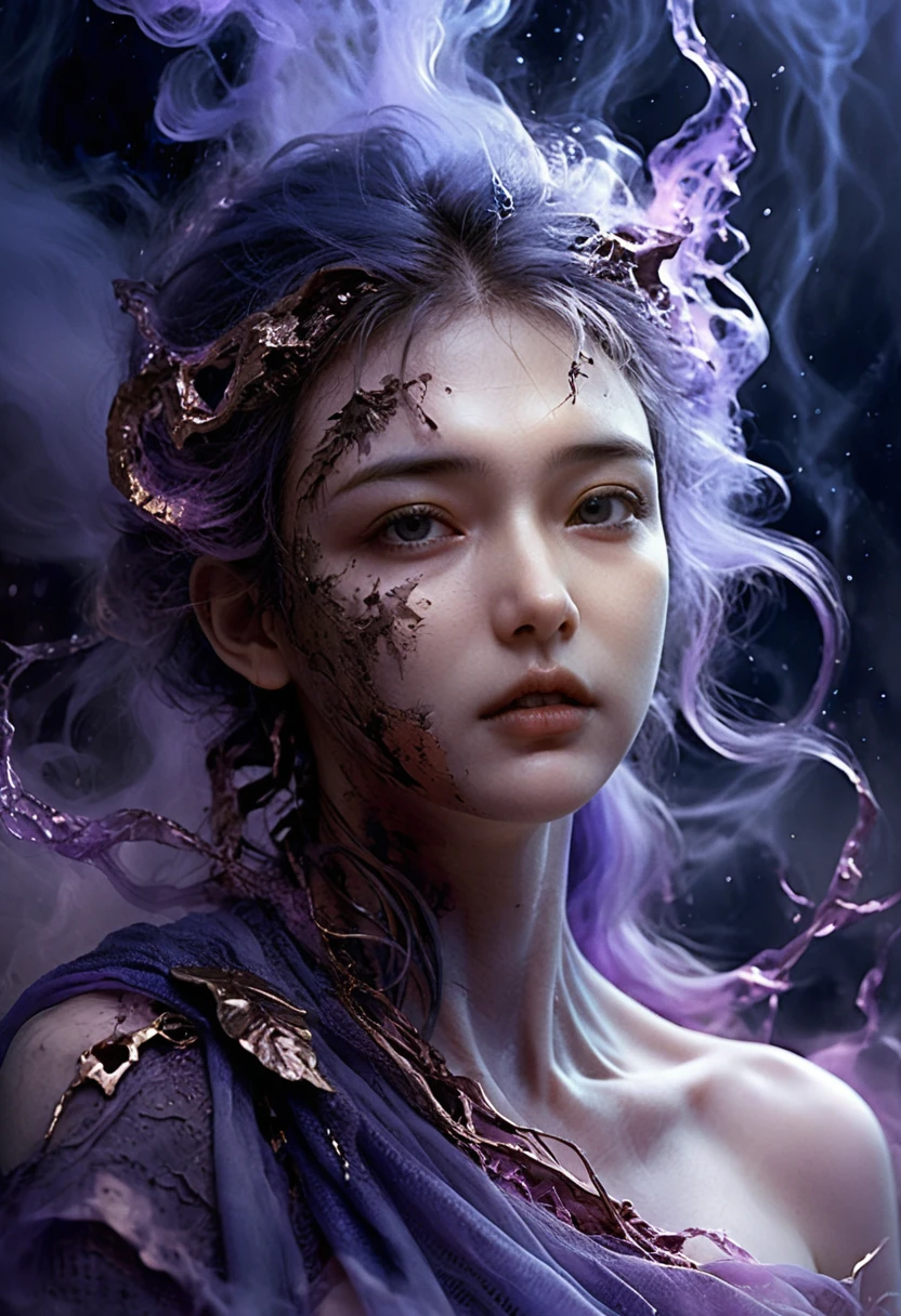 Femme éthérée émergeant d’une brume argentée violette et lumineuse