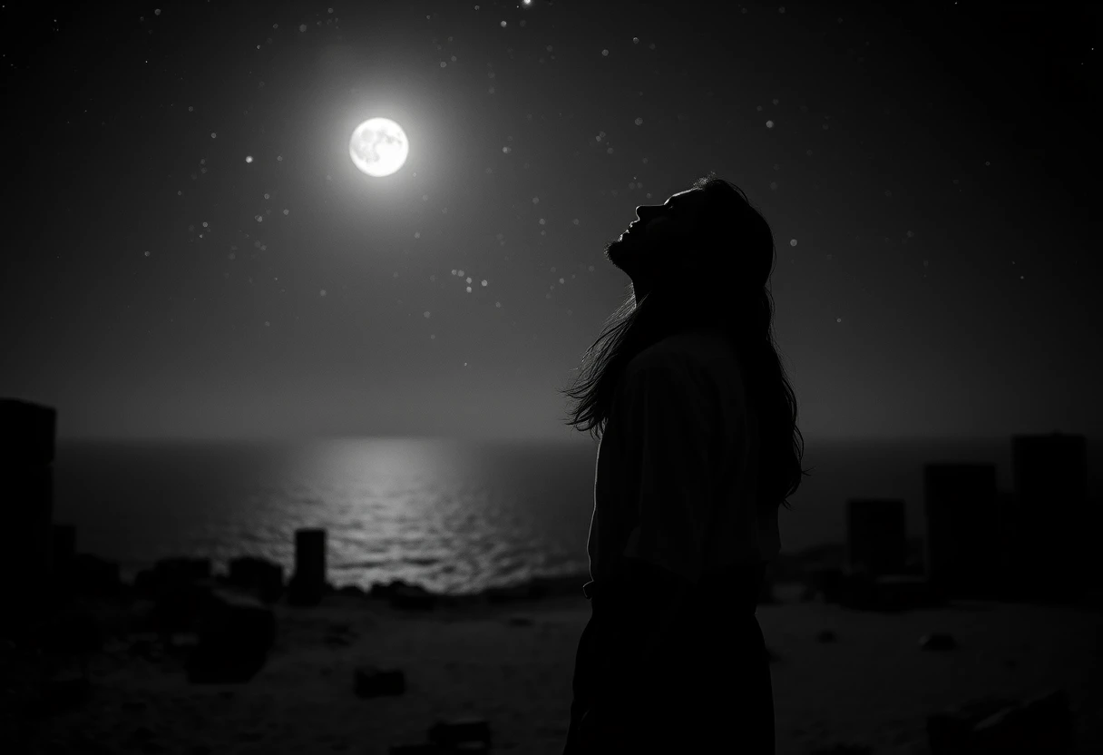 海邊古老遺跡上仰望星空的男子