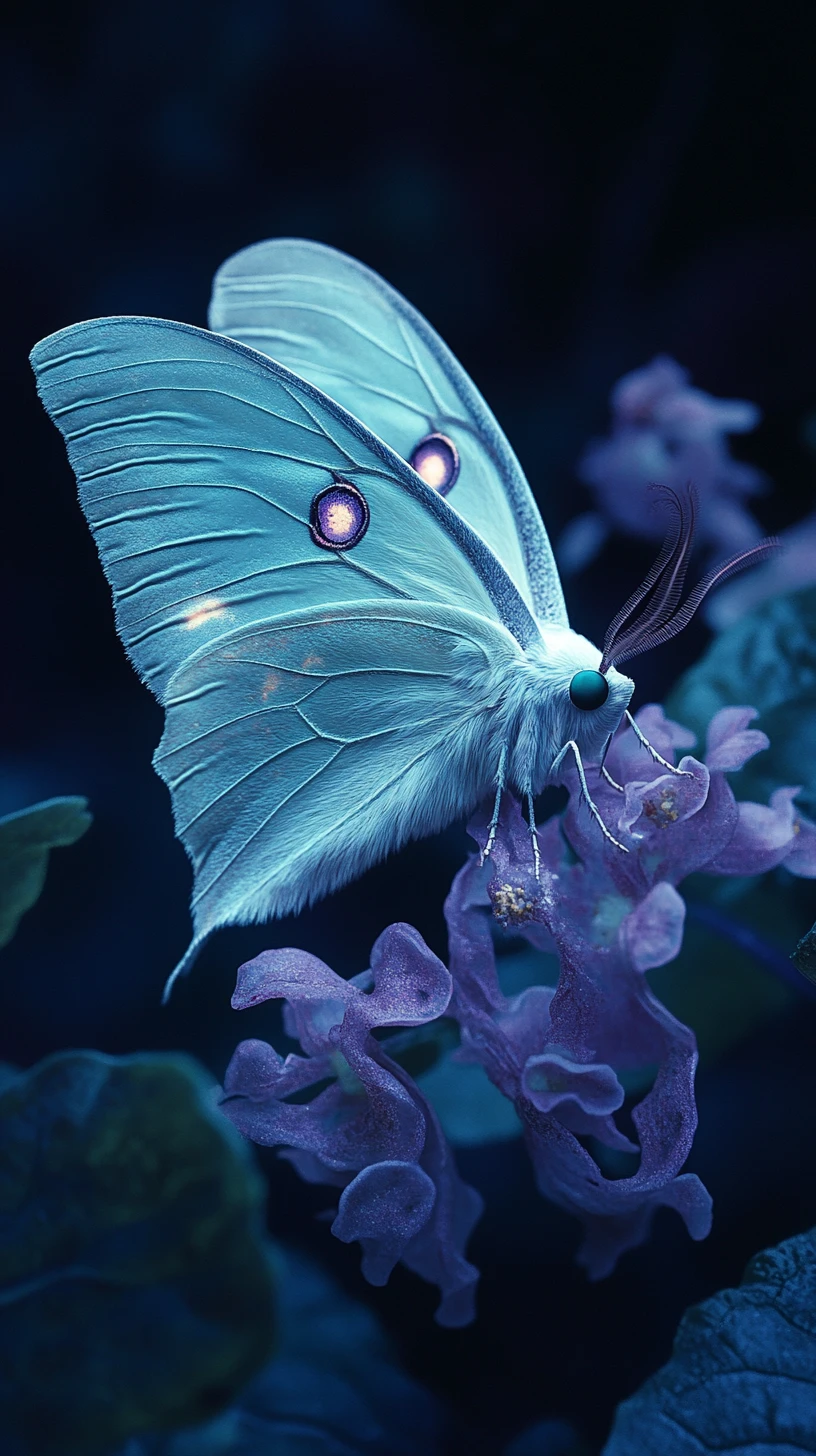 Mariposa-lua com olhos brilhantes entre flores noturnas