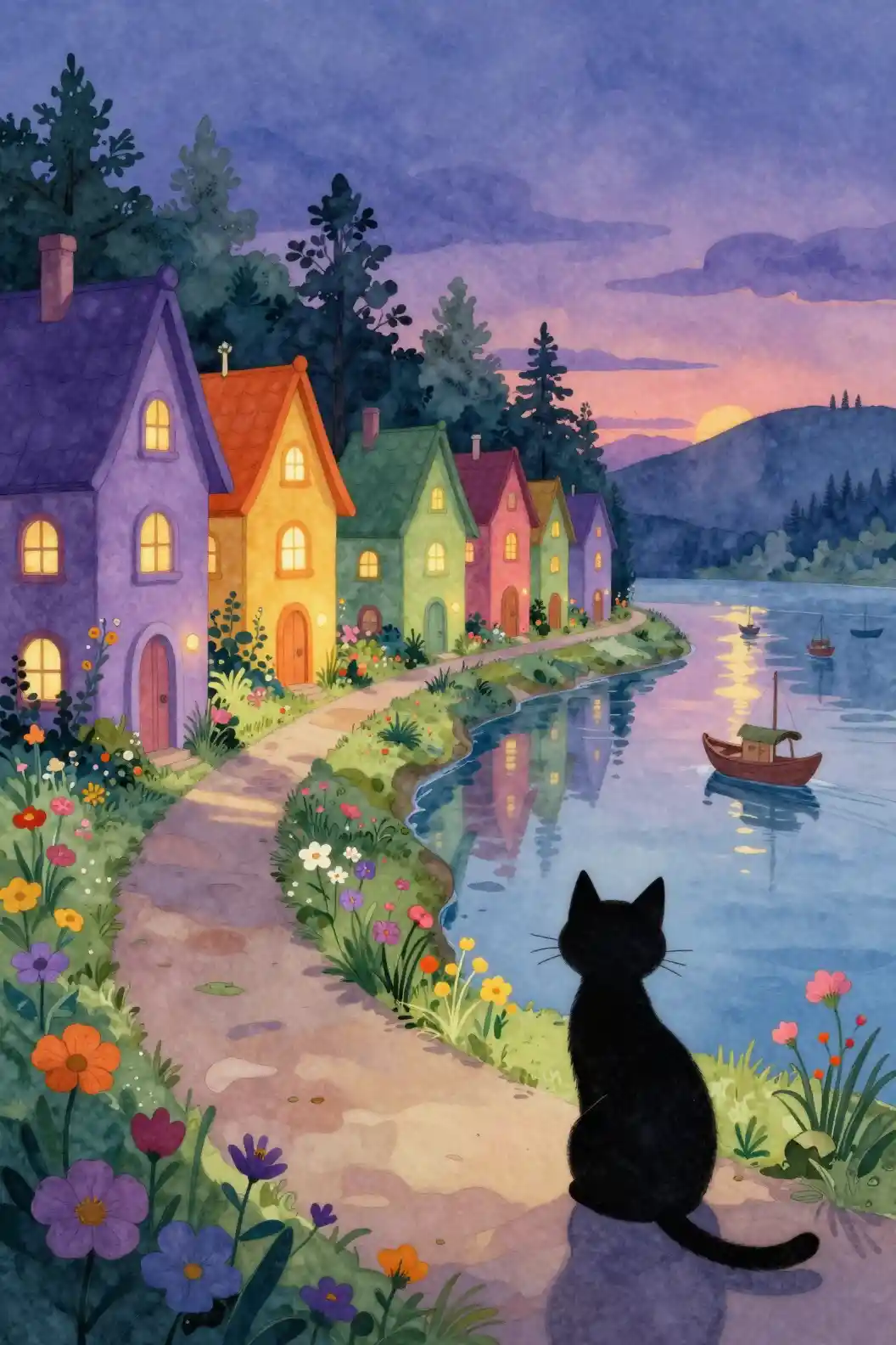 Watercolor twilight village with black cat by the water