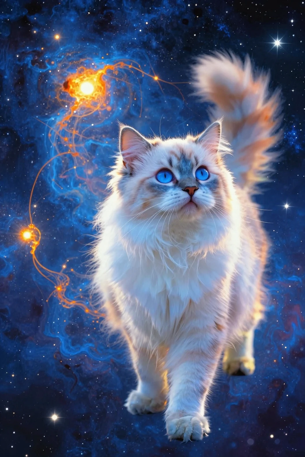 Gato azul celestial surgindo de uma nebulosa cósmica brilhante