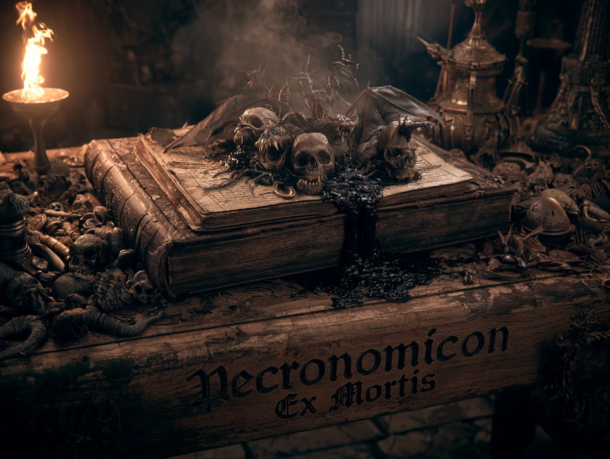 Verfluchtes Necronomicon beschwört Dämonen in fackelbeleuchtetem Raum