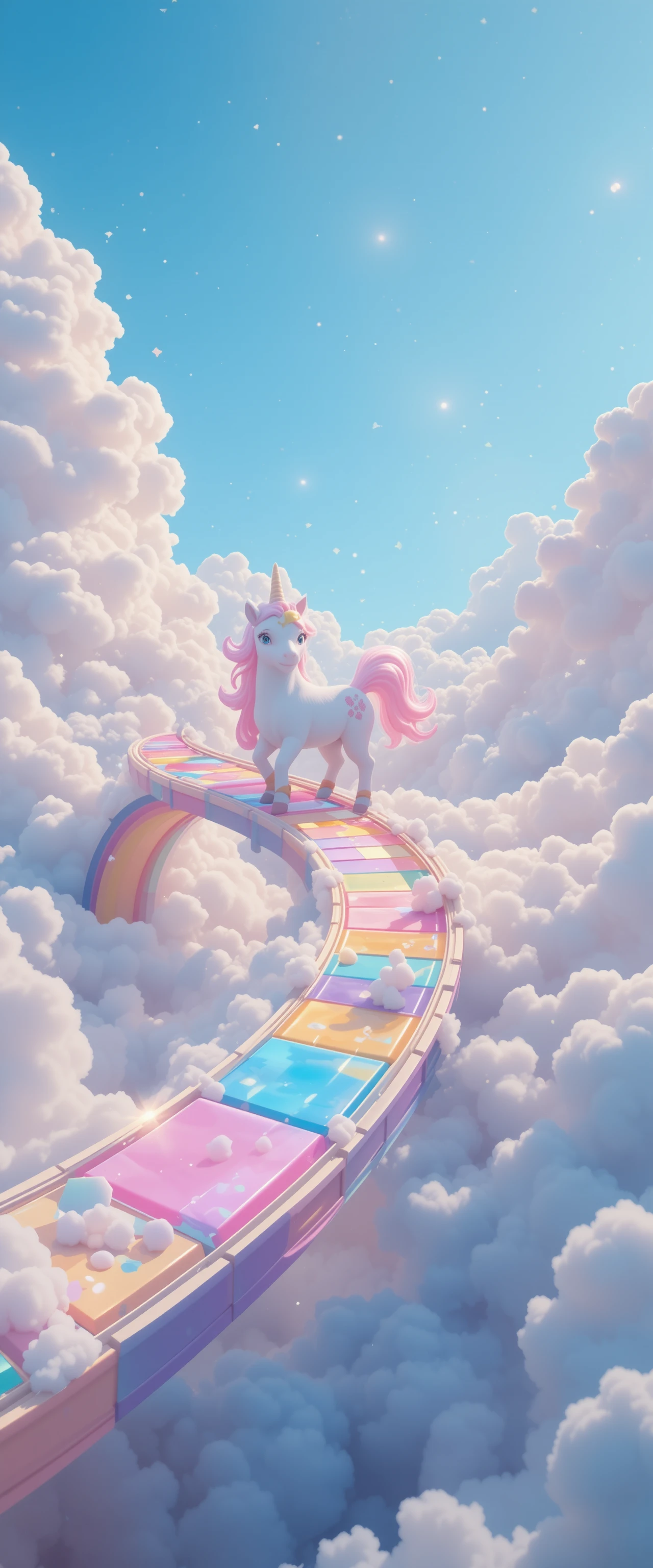 Einhorn auf einer schwebenden Regenbogen-Candy-Rennstrecke über den Wolken
