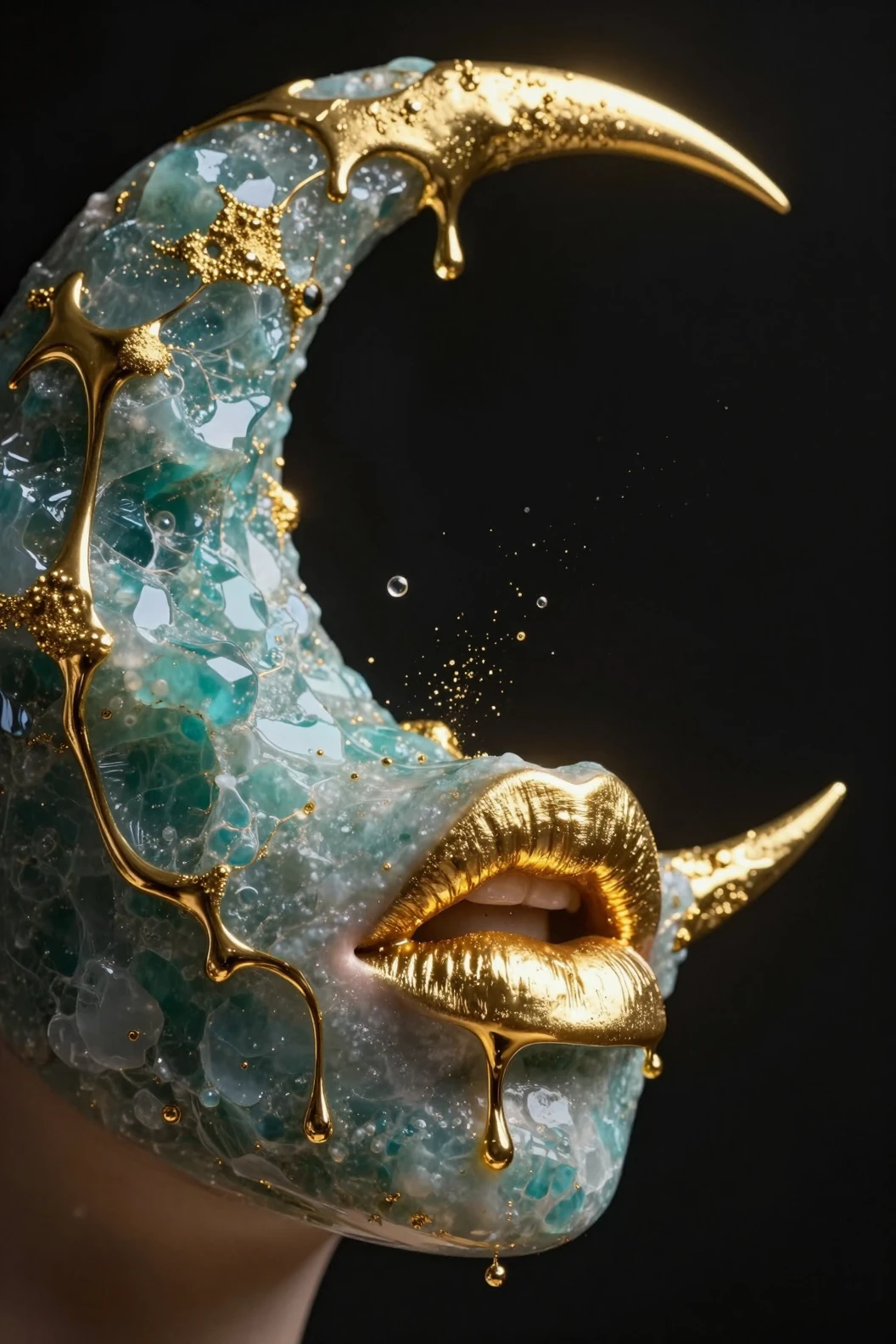 Rosto de lua crescente surreal com lábios de ouro derretido pingando