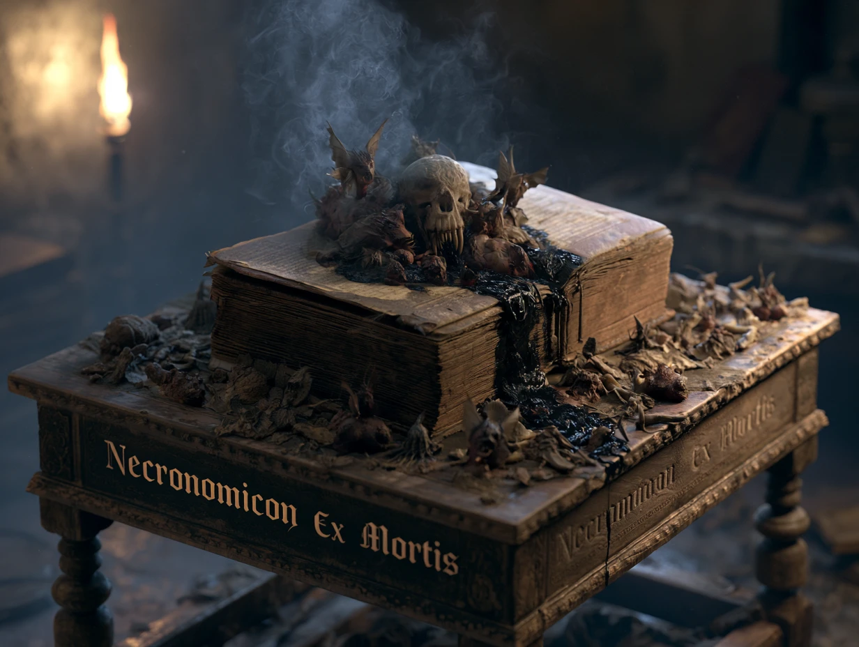 Inquietante libro 3D che libera demoni su un antico tavolo di legno
