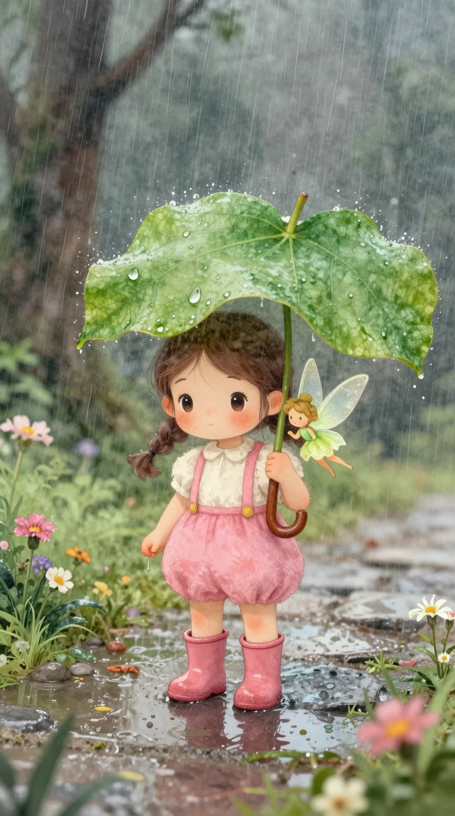 비 오는 요정 정원에서 잎사귀 우산을 든 작은 치비 소녀