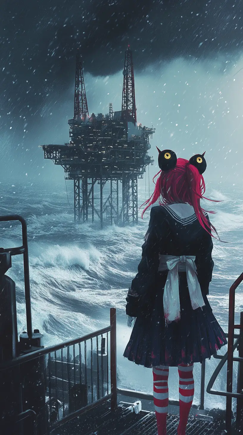 Ragazza anime su una piattaforma petrolifera innevata in una notte tempestosa