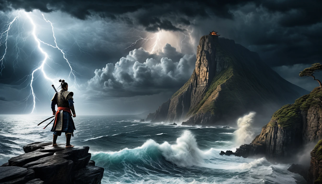 Samurai em penhasco sobre oceano tempestuoso com katana erguida
