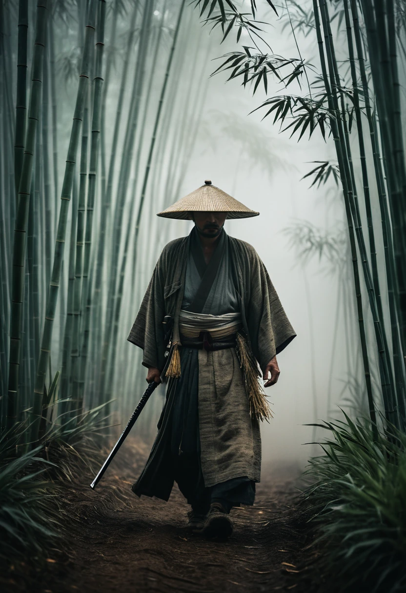 Samurai solitário caminhando por uma floresta de bambu enevoada