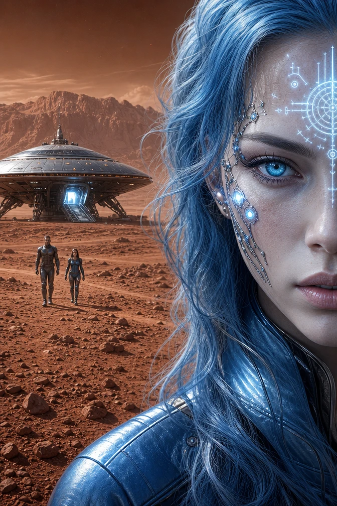 Portrait d’une femme alien aux cheveux bleus avec implants faciaux lumineux