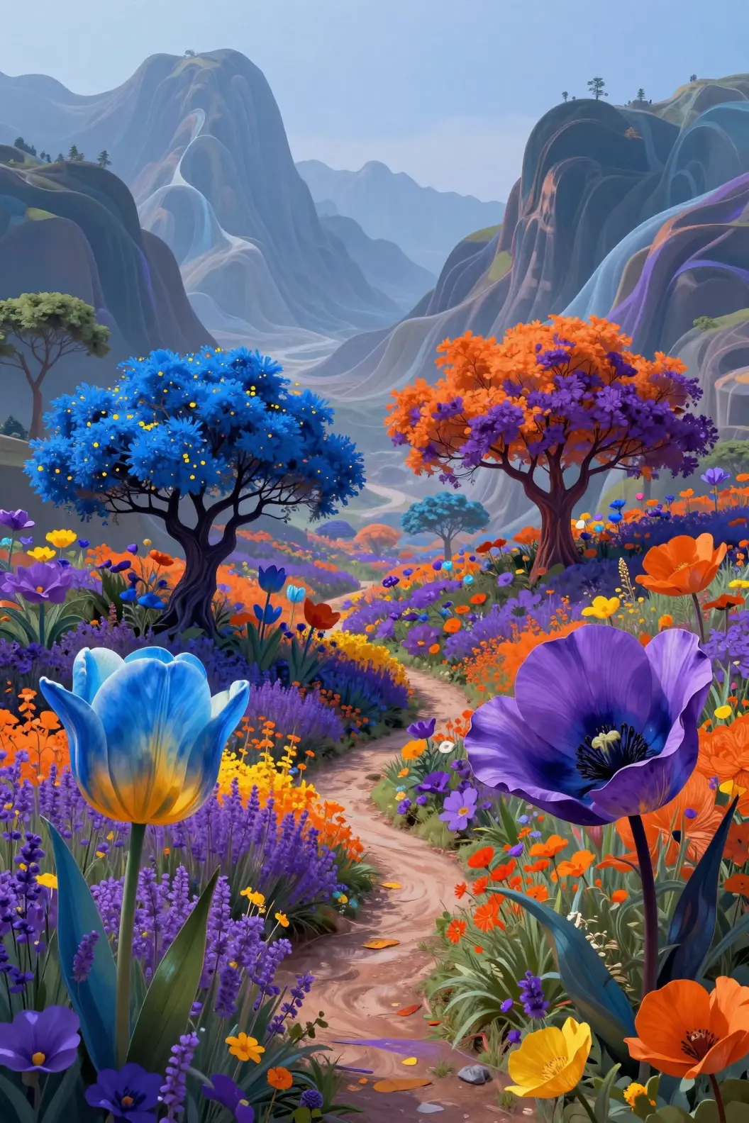 Sentiero surreale tra fiori giganti e colorati e montagne nebbiose