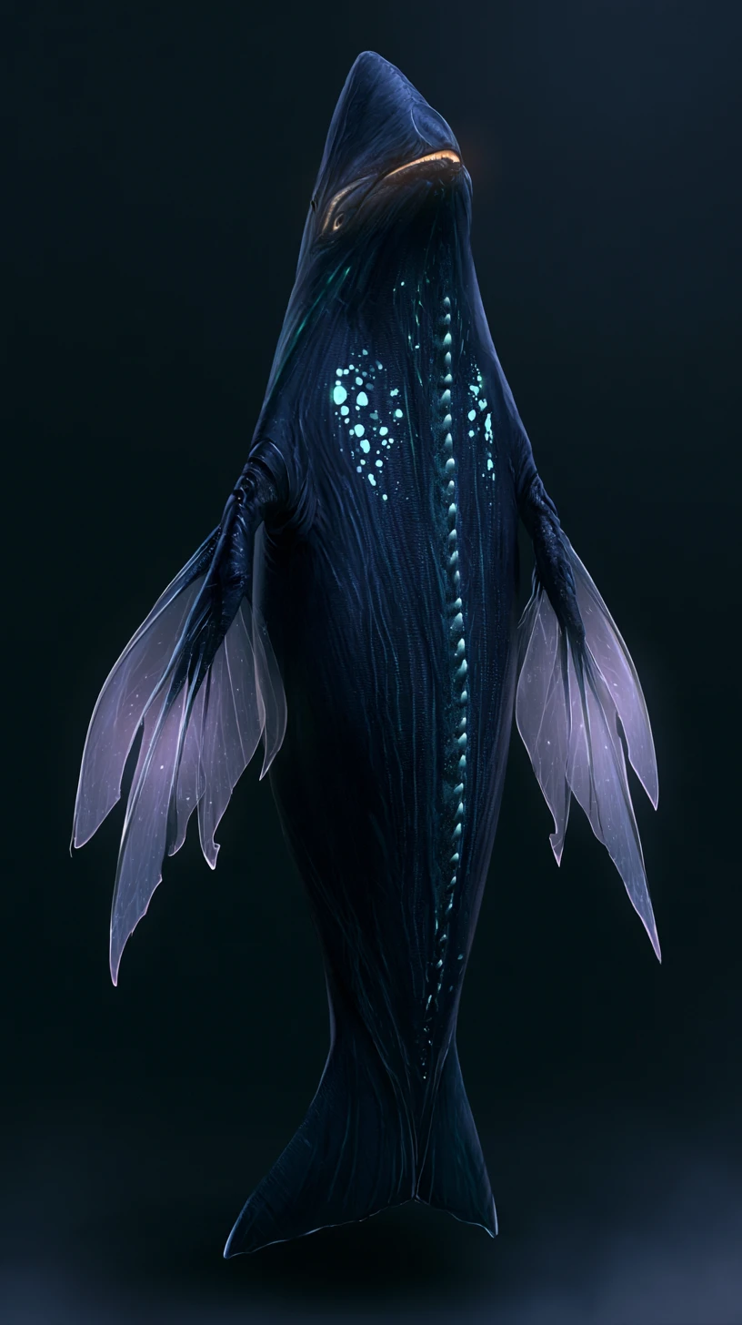 Créature alien bioluminescente dans une obscurité noire totale