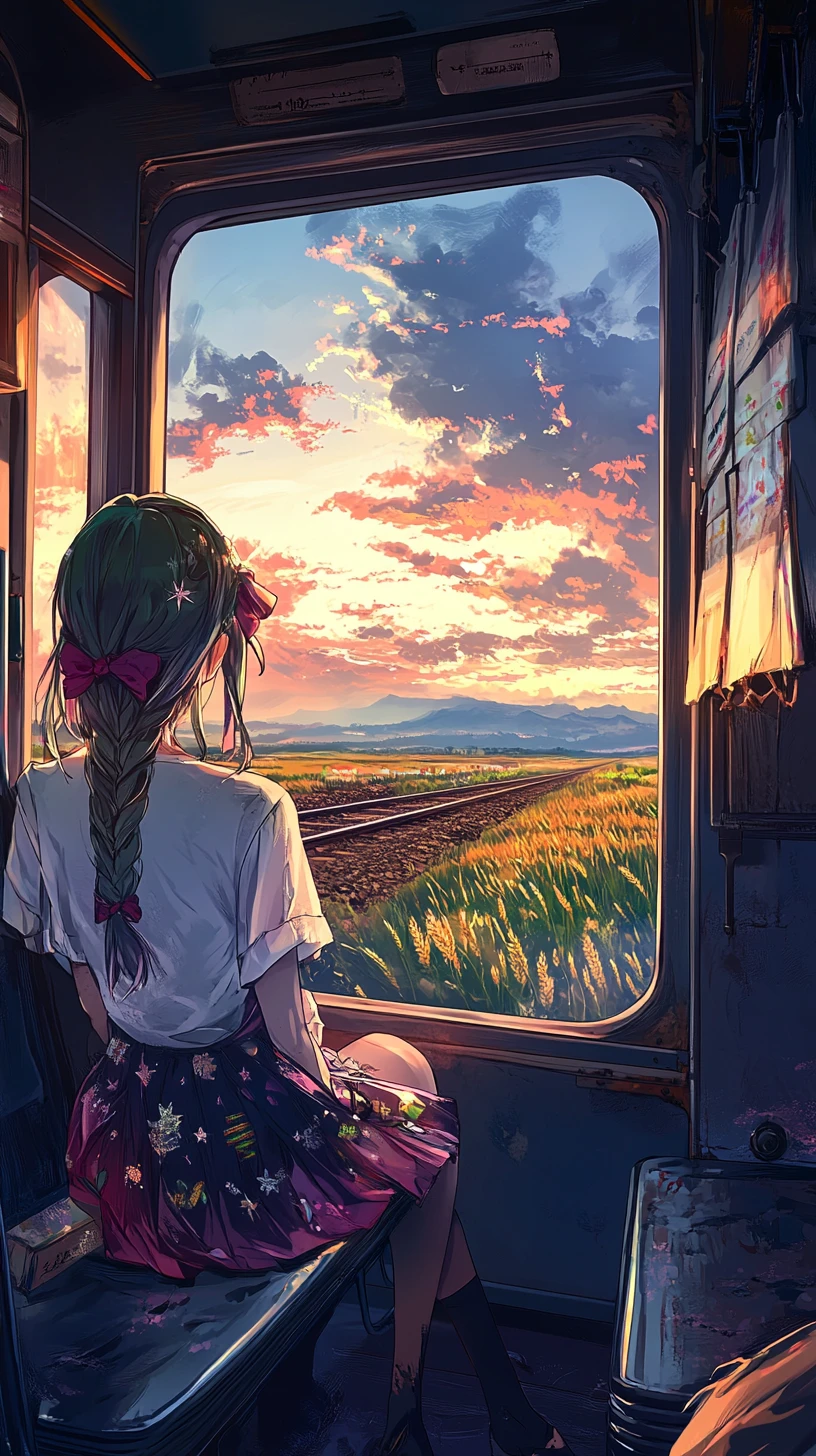 Anime-Mädchen auf einem Bahnsitz vor einem großen Fenster mit Meerblick
