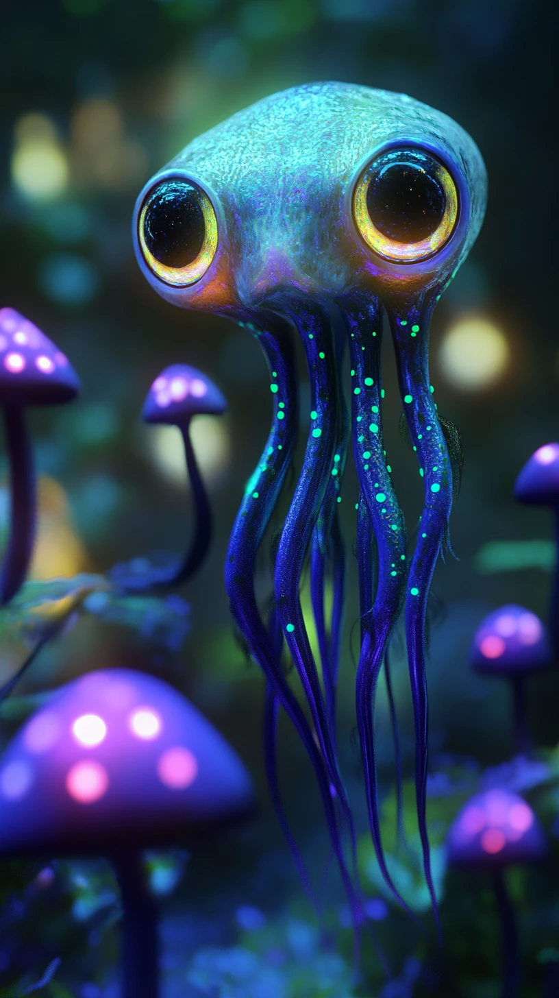Créature extraterrestre aux leurres lumineux dans une forêt bioluminescente